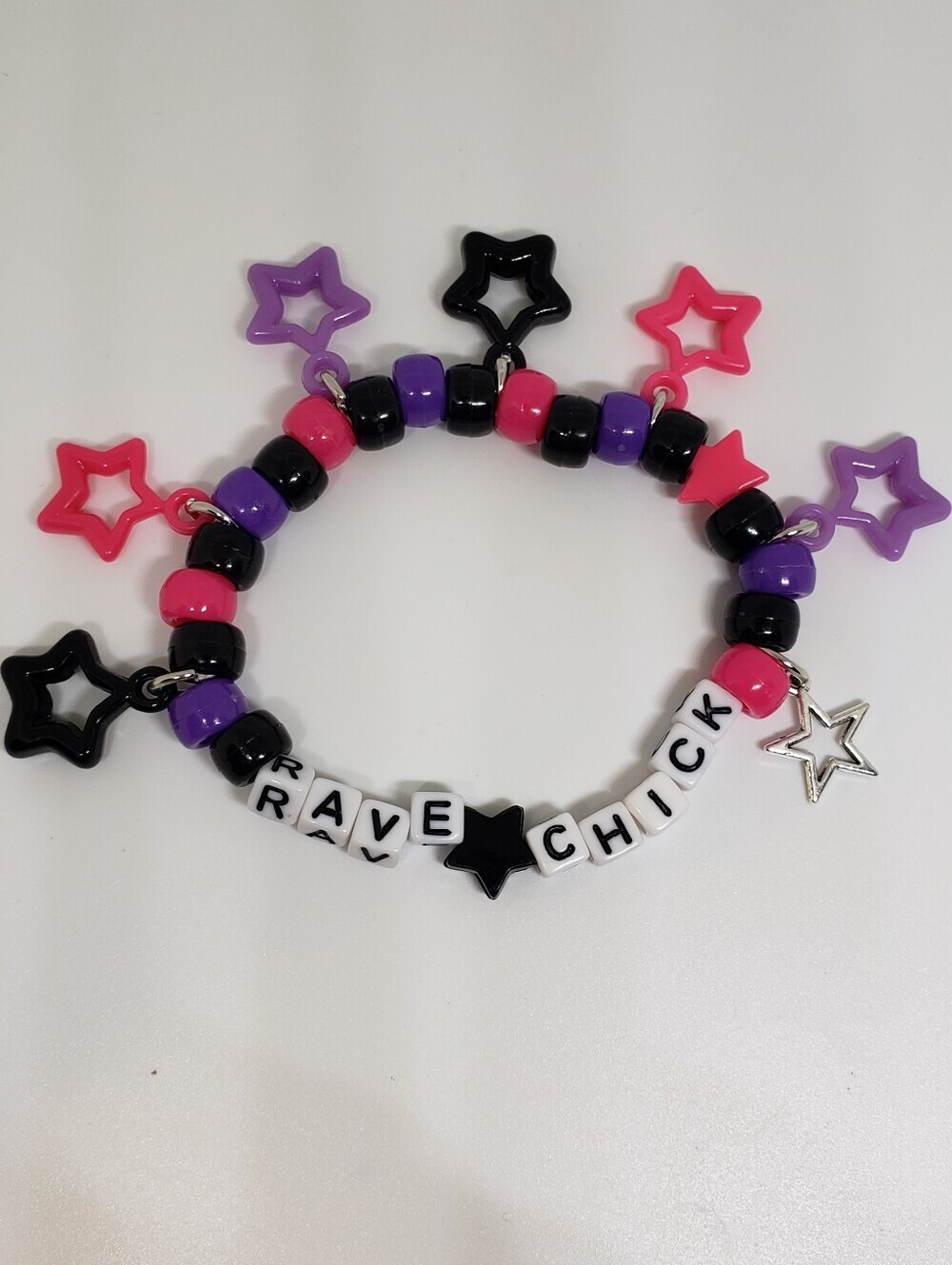 Handmade Black Purple Pink Rave Chick Star Charm Kandi Bracelet